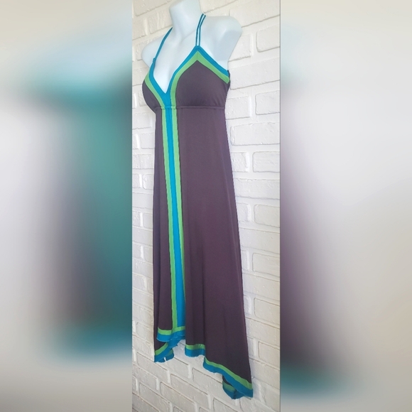 XOXO Halter Handkerchief Midi Dress Summer Green Teal Blue Brown Size Small - Picture 4 of 11